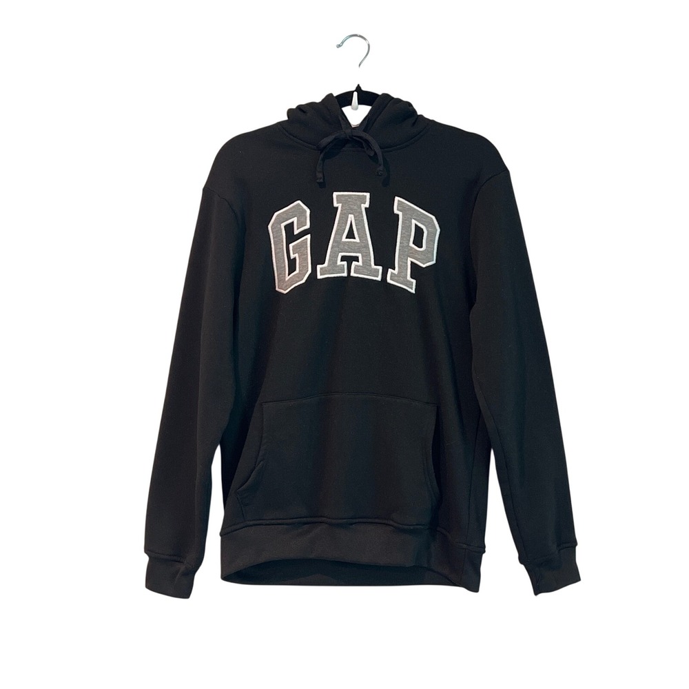 Gap Men's Black Fleece Hoodie Gray Logo Kangaroo Pouch Size Small Athleisure